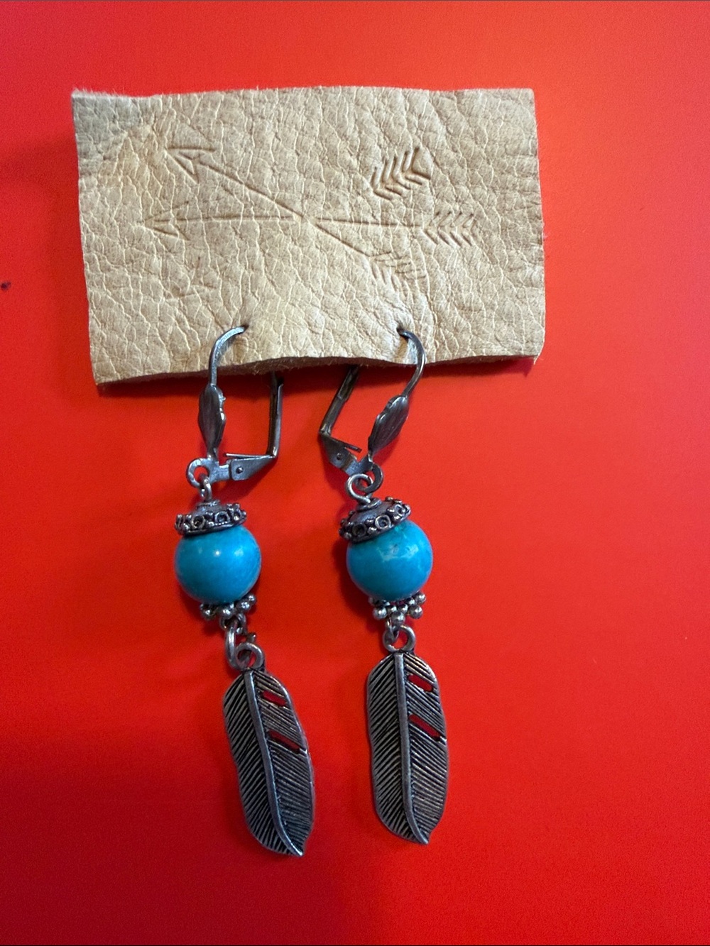 Boho Turquoise Bead Feather Drop Earrings